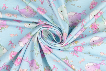 Jersey mit Walen und Blumen, hellblau, 0,5 m